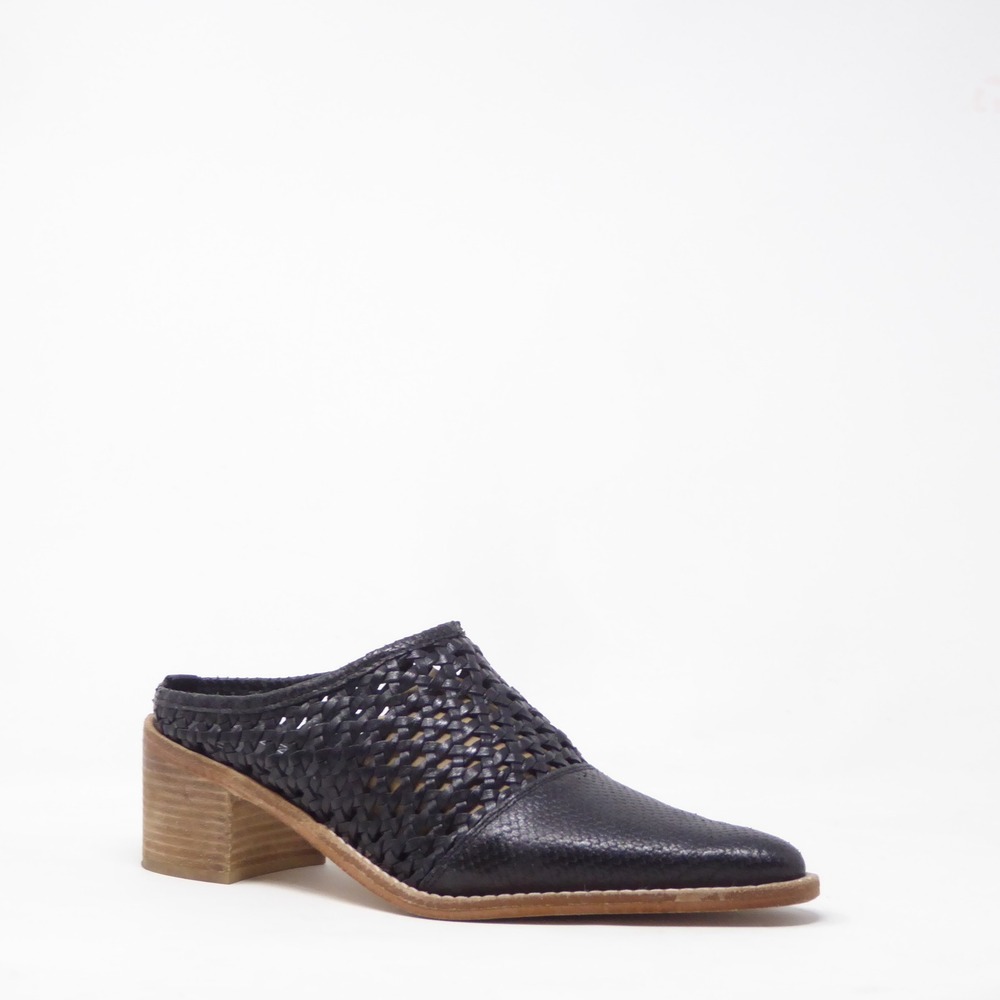 Roolee Women Helen Woven Mules Black Leather Pointed Toe Block Heel Size 9